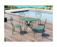 Salle à manger de jardin en métal façon fer forgé : une table et 4 chaises empilables - Vert amande - GUERMANTES