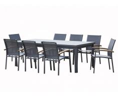 Salle à manger de jardin extensible NAURU en aluminium: une table extensible L220/300cm et 8 fauteuils empilables