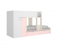 Lits Superposés JUANITO - Armoire intégrée - 2 x 90 x 190 cm - Blanc, chêne et rose