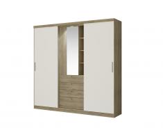 Armoire BODIL II - portes coulissantes - Miroir et tiroirs - L240cm - Chêne et ivoire