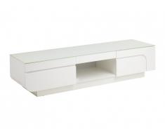 Meuble TV BRADY - MDF laqué blanc & verre trempé - 2 portes & 1 niche