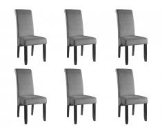 Lot de 6 chaises DELINA - Velours matelassé & pieds bois - Gris clair