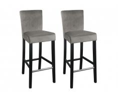 Lot de 2 tabourets de bar GIDEON - Velours & Pieds bois - Gris