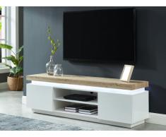 Meuble TV HALO - 2 portes - MDF laqué - Avec LEDs - Blanc et chêne