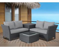 Salon de jardin d'angle TERESINA en résine tressée anthracite: un canapé, une table d'appoint et une table basse - assise grise