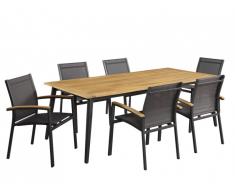 Salle à manger de jardin CANCUN en aluminium et acacia: une table L210cm et 6 fauteuils empilables avec accoudoirs acacia