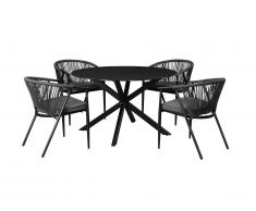 Salle à manger de jardin PORTOFINO en aluminium et cordes: une table ronde D.120cm et 4 fauteuils empilables