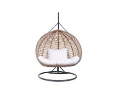 Fauteuil suspendu 2 places VAHINA en résine tressée beige et coussin blanc