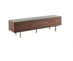 Meuble TV ALIZE - 2 portes & 2 tiroirs - MDF - Noyer avec plateau effet céramique grise