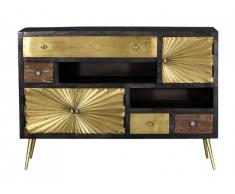 Commode esprit rétro EDGAR - 3 tiroirs et 3 portes - Bois de manguier et métal - Doré, naturel et anthracite