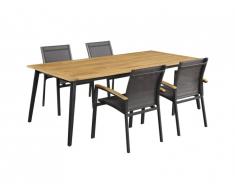 Salle à manger de jardin CANCUN en aluminium et acacia: une table L210cm et 4 fauteuils empilables avec accoudoirs acacia