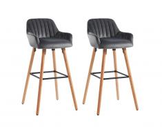 Lot de 2 tabourets de bar ELEANA - Velours & Métal Effet Bois - Gris