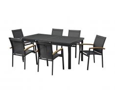 Salle à manger de jardin en aluminium : une table extensible 180/240cm et 6 fauteuils empilables avec accoudoirs acacia - NAURU