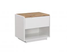 Table de chevet AMANI - 1 tiroir et 1 niche - MDF - Blanc laqué et Chêne