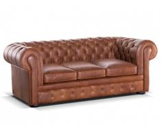 Canapé Chesterfield 3 places convertible 100% cuir LONDRES - Cuir vintage caramel