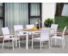 Salle à manger de jardin VAIAKU en aluminium et en acacia : une table L160cm et 6 fauteuils empilables - Blanc