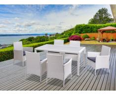 Salle à manger de jardin PALAWAN en résine tressée blanche: une table + 6 fauteuils - assise grise