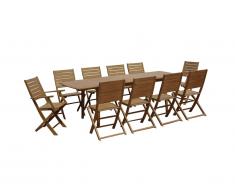 Salle à manger de jardin pliante en acacia: une table extensible L180/240cm + 2 fauteuils + 8 chaises - Rallonge papillon - NEMBY