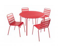 Salle à manger de jardin MIRMANDE en métal - une table D.110cm et 4 chaises empilables - Rouge