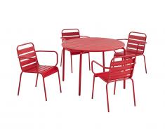 Salle à manger de jardin en métal - une table D.110cm et 4 fauteuils empilables - Rouge - MIRMANDE