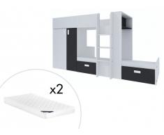 Lits superposés JULIEN - 2x90x190cm - Armoire intégrée - Pin blanc et noir + matelas