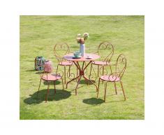 Salle à manger de jardin en métal façon fer forgé: une table et 4 fauteuils empilables terracotta - GUERMANTES