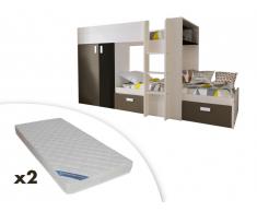 Lits superposés JULIEN - 2x90x190cm - Armoire intégrée - Pin blanc et chocolat + 2 matelas ZEUS 90x190