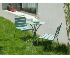 Salle à manger de jardin MIRMANDE en métal - une table D.60 cm et 2 chaises empilables - Vert amande