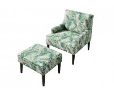 Fauteuil avec repose-pieds en tissu LAMBARENE - Vert imprimé palmiers