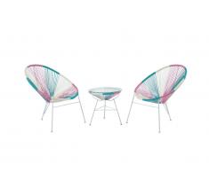 Salon de jardin II en fils de résine tressés - Rose, bleu, blanc : 2 fauteuils et une table - ALIOS