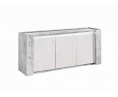 Buffet SABAN - 3 portes - Avec LEDs - Blanc laqué et effet marbre
