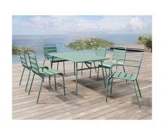 Salle à manger de jardin MIRMANDE en métal: une table L.160 cm avec 2 fauteuils empilables et 4 chaises empilables - Vert amande