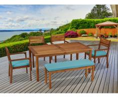 Salle à manger de jardin KOCHI en acacia: une table, un banc 2 places, 4 fauteuils