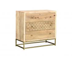 Commode style vintage ALIX - 3 tiroirs - Bois de manguier et métal doré
