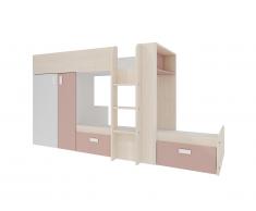 Lits superposés JULIEN - 2x90x190cm - Armoire intégrée - Blanc et rose poudré