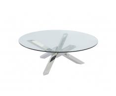 Table basse ronde LEONORA - Verre trempé et pieds croisés en acier