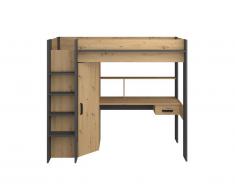 Lit mezzanine AUCKLAND avec bureau et armoire - 90 x 200 cm - Chêne et Anthracite