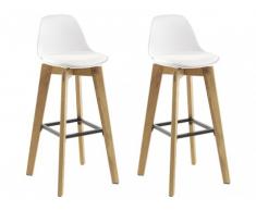 Lot de 2 tabourets de bar PADDY - Polypropylène, simili & chêne - Blanc