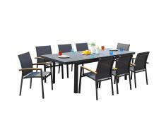 Salle à manger de jardin en aluminium : une table extensible 180/240cm et 8 fauteuils empilables avec accoudoirs acacia - NAURU