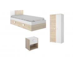 Chambre complète enfant lit gigogne 90 x 190 cm - 3 produits - Coloris : Chêne et blanc - SONIA