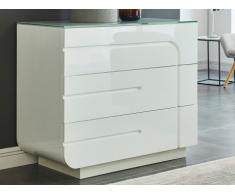 Commode BRADY - 3 tiroirs - MDF laqué blanc et verre trempé
