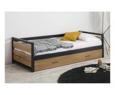 Lit gigogne industriel BOSTON - 2 x 90 x 190 cm - MDF, Pin et métal - Coloris : Noyer et anthracite