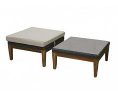 Table basse et pouf de jardin NASHIK en acacia et résine tressée - Assise beige