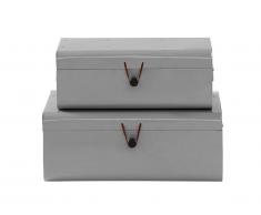 Lot de 2 malles FARNIENTE en métal et fermeture en cuir - Gris - L. 60 et 52 cm