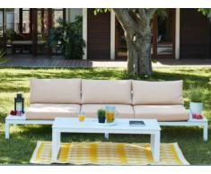 Salon de jardin SERAM en aluminium blanc et coussins beige: un canapé 3 places et une table basse relevable