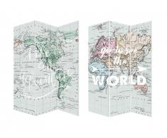 Paravent imprimé map monde 3 pans WORLD - bois de pin - H. 180cm - multicolore