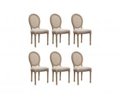 Lot de 6 chaises MARIE-ANTOINETTE en cannage - Tissu & Bois d'Hévéa - Beige