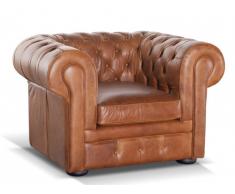 Fauteuil Chesterfield 100% cuir LONDRES - Cuir vintage caramel