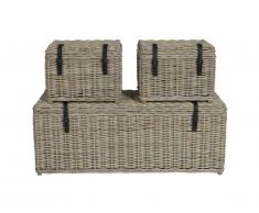 Lot de 3 malles de rangement en kubu et acajou BORAMA - L140 x P55 x H55 cm et L55 x P45 x H42 cm - Gris naturel