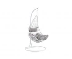 Fauteuil suspendu OROSI en résine tressée blanche et coussins gris